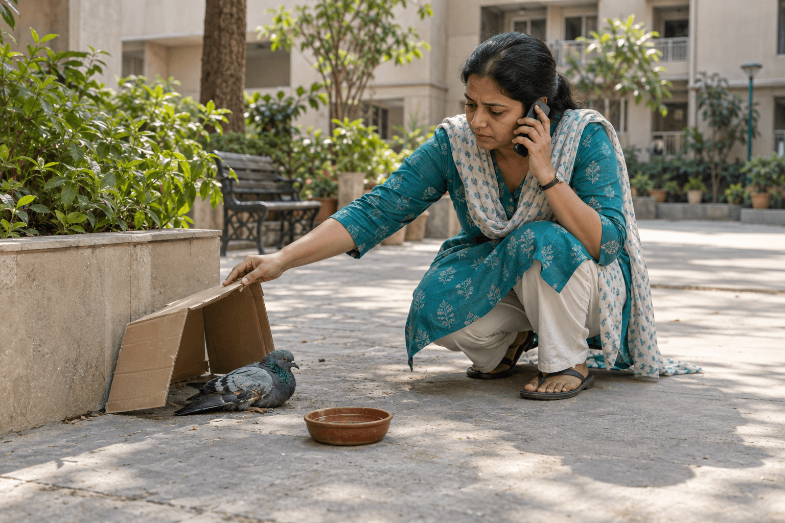 A resident arranging safe temporary shade while reporting an injured bird