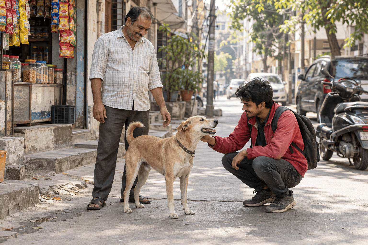 A shopkeeper and delivery rider noticing a street dog in Delhi NCR