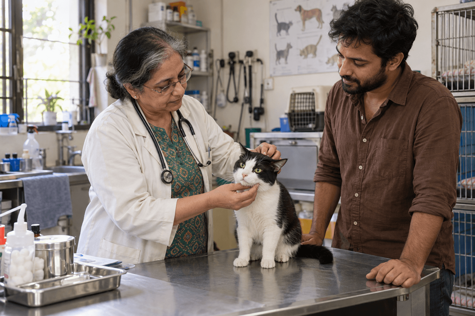 A veterinarian examining a cat with its caregiver